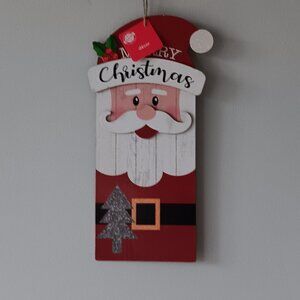 Merry Christmas Santa Clause Wood Hanging Wall Door Decoration 14" Red White